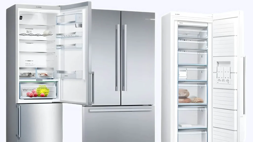 Rectangular image with light grey background featuring Bosch Ideal Temperature Settings to Reduce Electricity Bill. An overlay image depicts a Bosch refrigerator. 