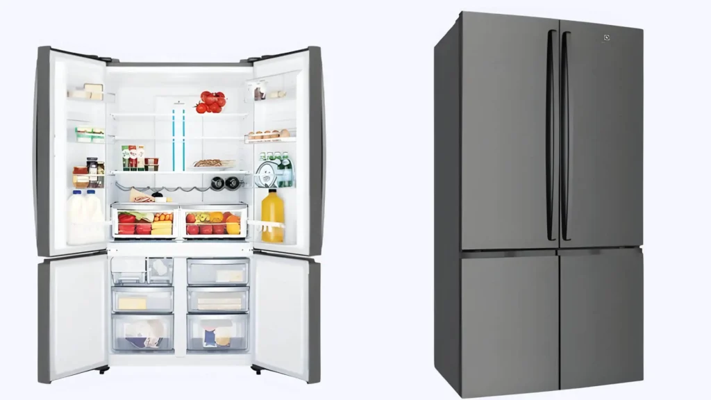 Rectangular image with light grey background featuring Electrolux Ideal Temperature Settings to Reduce Electricity Bill. An overlay image depicts a Electrolux refrigerator. 