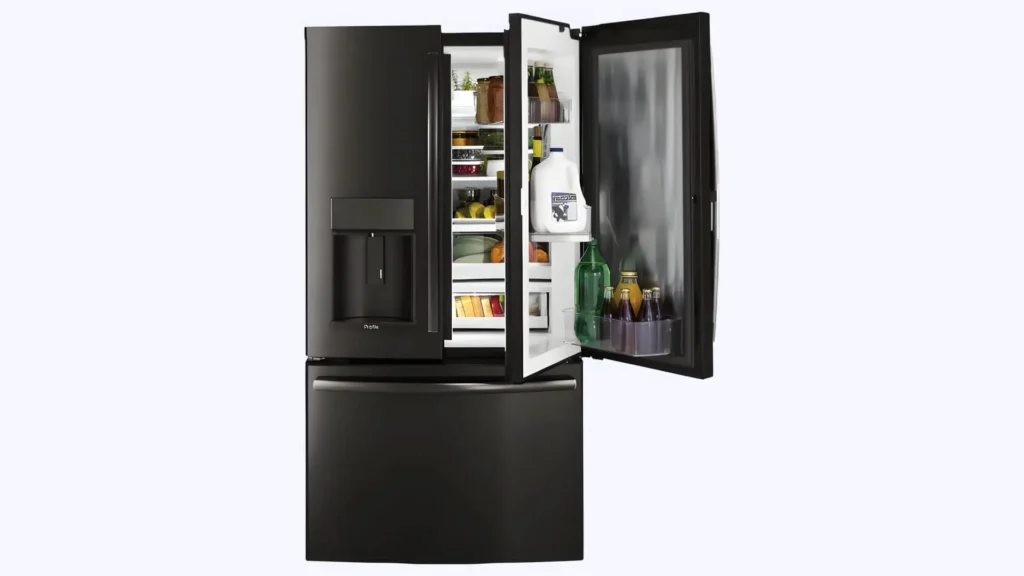 Rectangular image with light grey background featuring GE Appliances Ideal Temperature Settings. An overlay image depicts a GE Appliances refrigerator. 