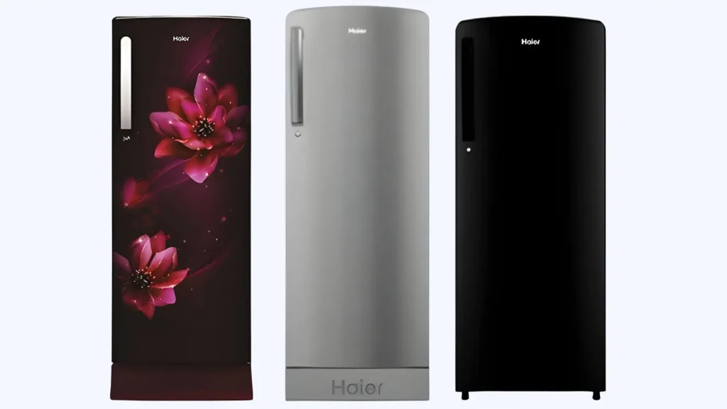 Rectangular image with light grey background featuring Haier Ideal Temperature Settings. An overlay image depicts a Haier refrigerator. 