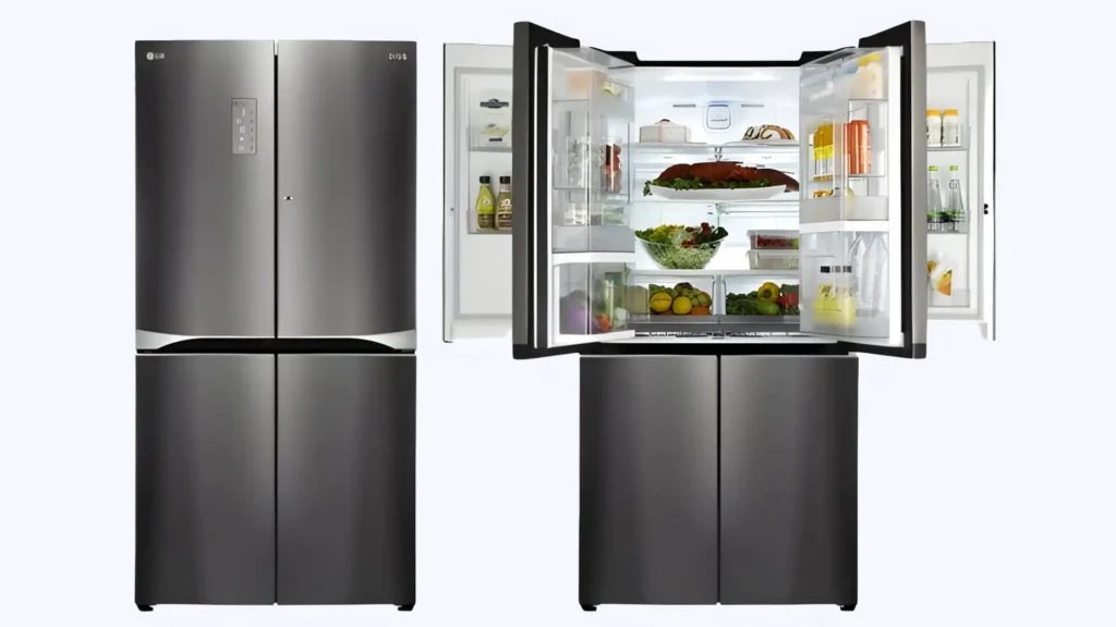 Rectangular image with light grey background featuring LG Ideal Temperature Settings to Lower Electric Bill. An overlay image depicts an LG refrigerator. 