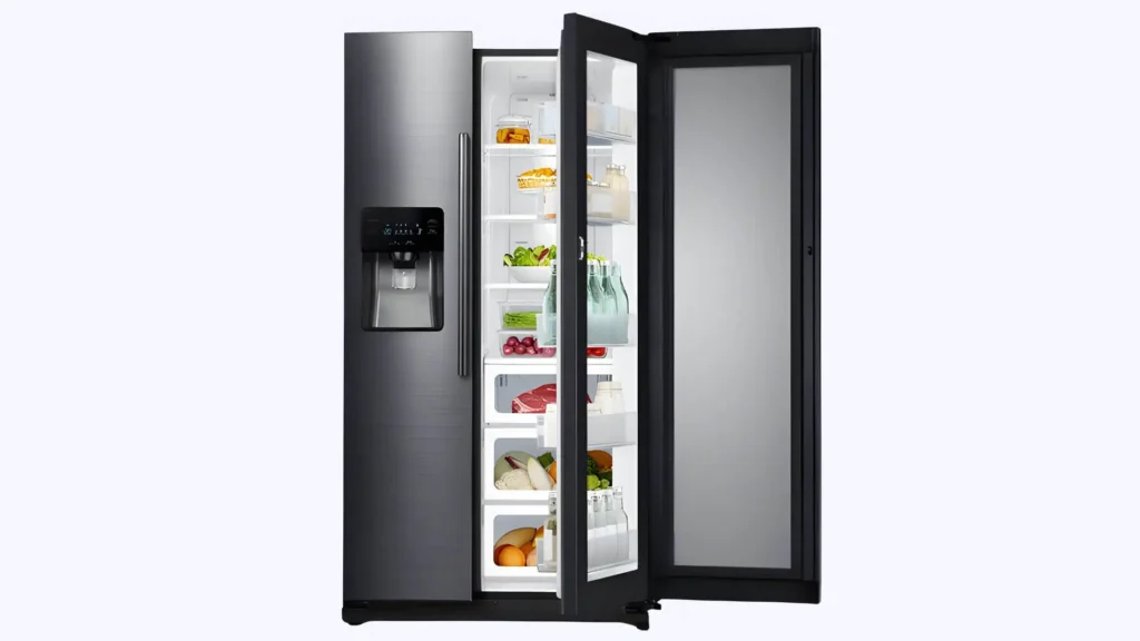 Rectangular image with light grey background featuring Samsung Ideal Temperature Settings to Lower Electric Bill. An overlay image depicts a Samsung refrigerator. 