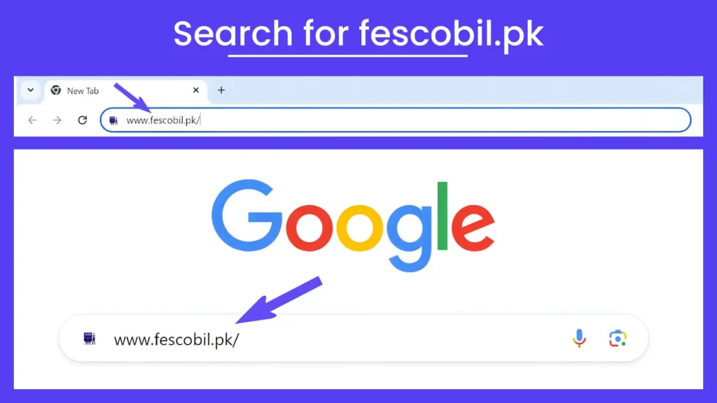 Rectangular image with a light purple background showing Step# 1 of User Guide to Check FESCO Online Bill. The overlay text in white reads, 'Search for fescobil.pk.' The image includes representations of a Google search bar and the Google homepage.