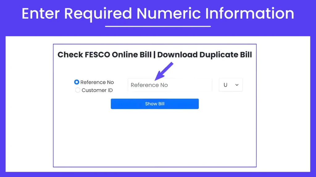 Rectangular image with a light purple background showing Step# 3 of User Guide to Check FESCO Online Bill. The overlay text in white reads, ‘Enter Required Numeric Information.’ The image includes representations of the input field designed for users on the homepage of fescobil.pk.