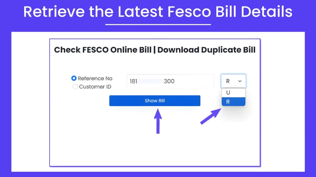 Rectangular image with a light purple background showing Step# 4 of User Guide to Check FESCO Online Bill. The overlay text in white reads, ‘Retrieve the Latest Fesco Bill Details.’ The image includes representations of the input field and choice between Urben or Rural areas designed for users on the homepage of fescobil.pk.