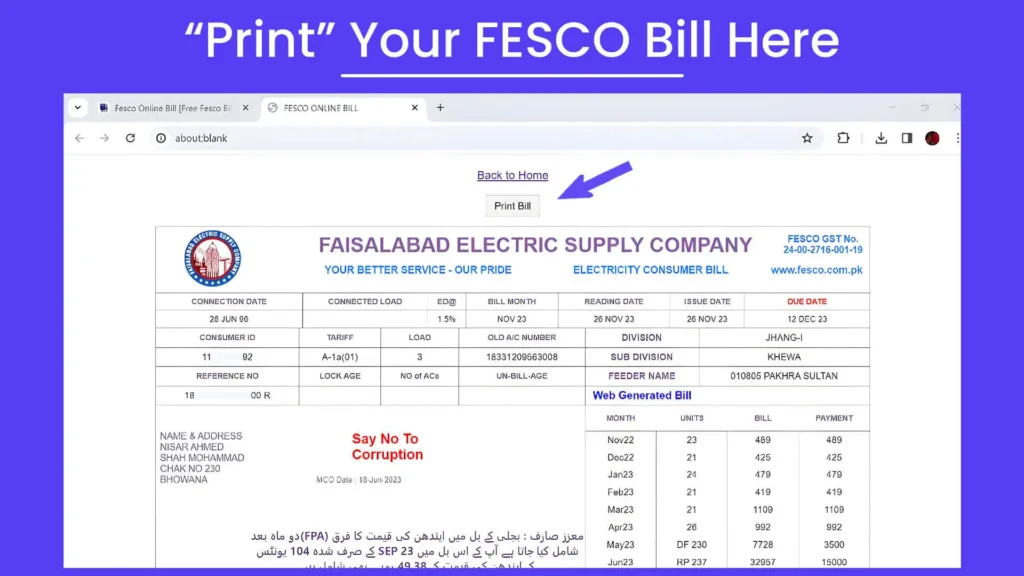 Rectangular image with a light purple background showing Step# 6 of User Guide to Check FESCO Online Bill. The overlay text in white reads, ‘“Print” Your FESCO Bill Here.’ The image includes representations of the latest FESCO e Bill with a button that says Print Bill.