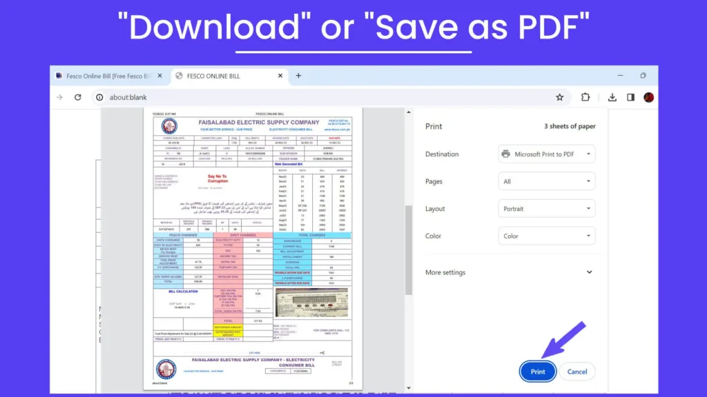 Rectangular image with a light purple background showing Step# 7 of User Guide to Check FESCO Online Bill. The overlay text in white reads, ‘”Download” or “Save as PDF”.’ The image includes representations of the latest FESCO e Bill with different option and two buttons that say Print or Cancel.