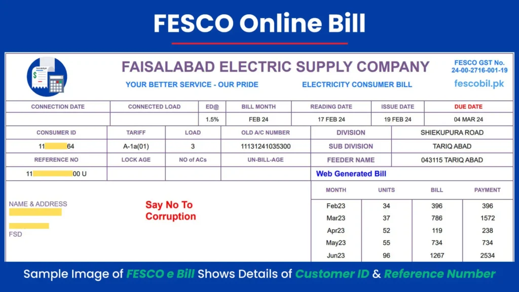 A rectangular image with blue background shows sample Fesco Bill image with details of Customer ID and Reference Number on Fesco e Bill to check Fesco Bill Online.